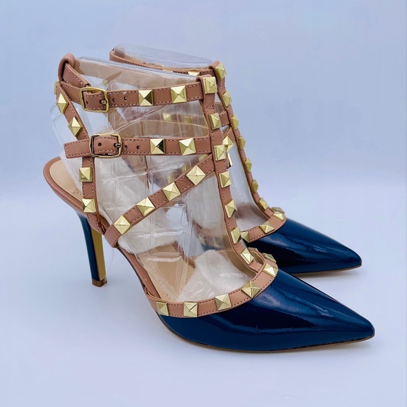 BCBG Shoes - BCBG Studded Straps Blue Patent Leather Darron Heels Size 7